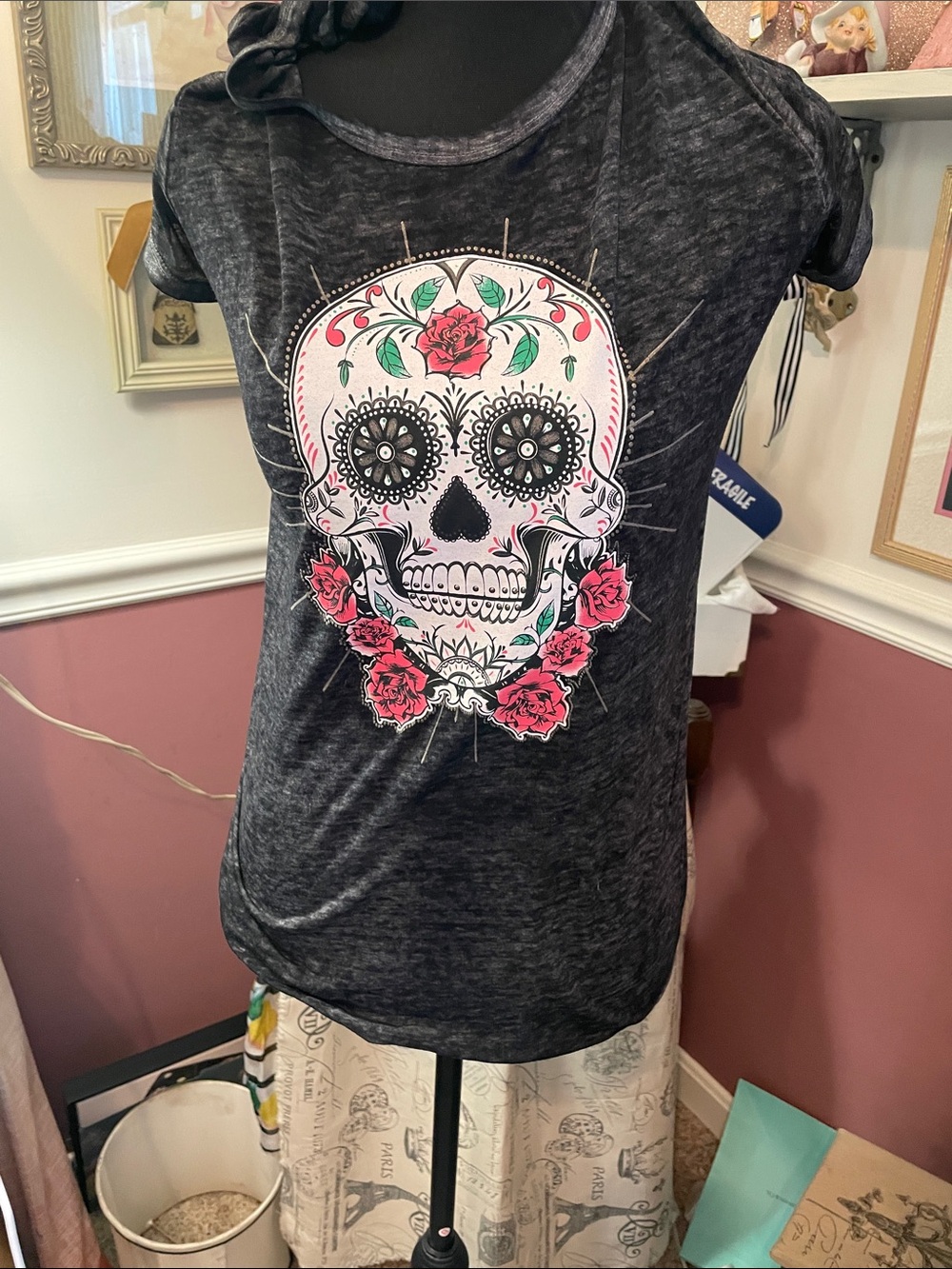 Black Graphic Skull Tee with Pink Floral Accents By Rocker Girl All Accents